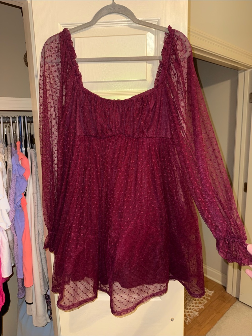 Lulu's Burgundy Swiss Dot Mesh Babydoll Dress